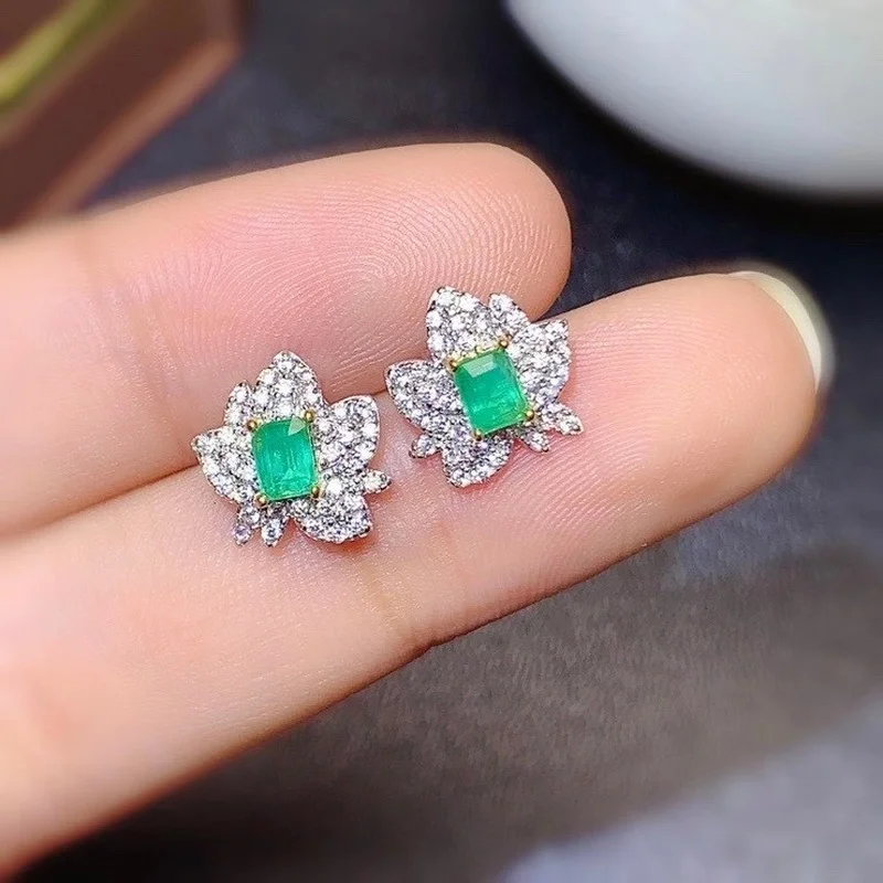 

925 Sterling Silver Earrings with Clombia Natural Emerald Stone 3*4mm Flower Design for Women