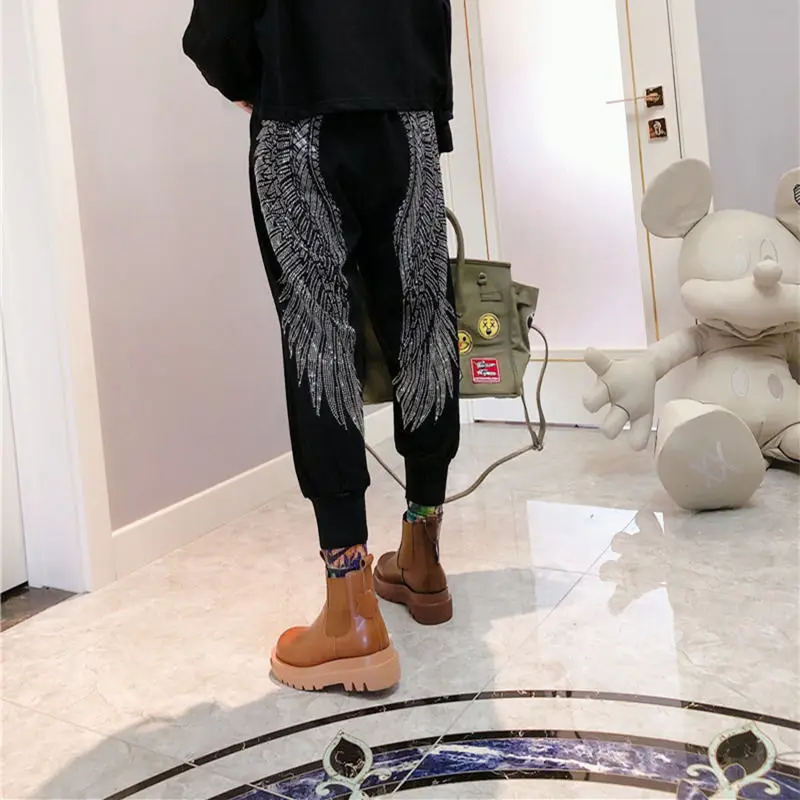 Autumn Winter Women\'s High Elastic Skinny Stretchy Trousers Women Hip Pants Golden Silver Rhinestone Wings Harajuku Harem Pants