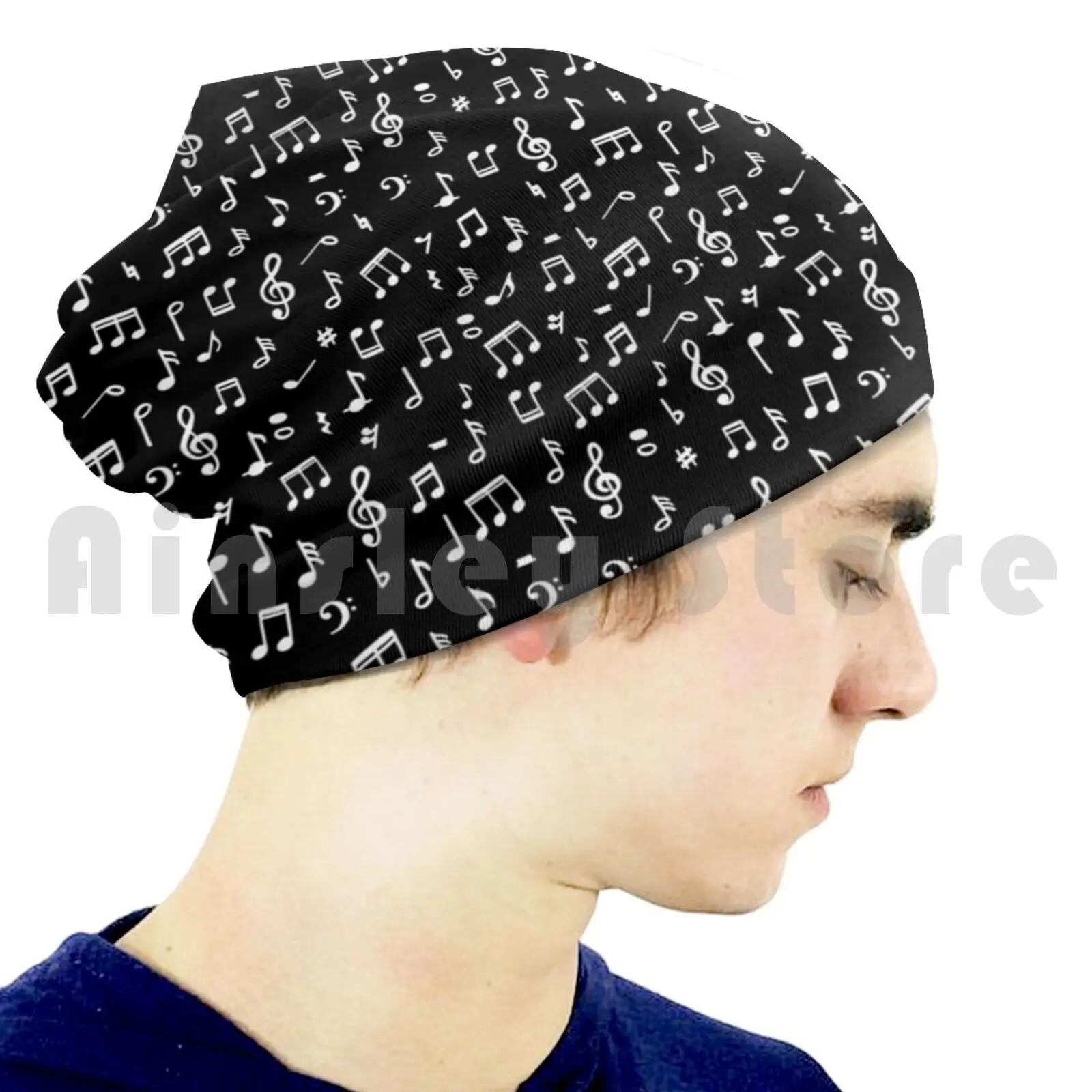 Music Notes In Black Background Beanie Hedging Cap DIY Print Cushion Music Note Music Notes Sound Black And White Cool
