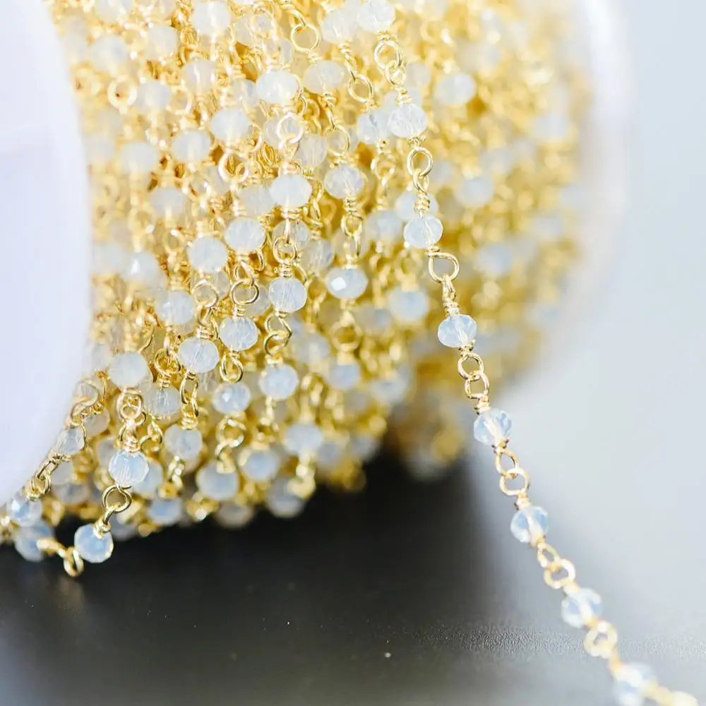 

Gold plated Brass Crystal Bead Chains, Beaded Chains with 3.5mm Opal Glass Rondelles, Lead Nickel Free (#LK-184)/ 1 Meter=3.3 ft