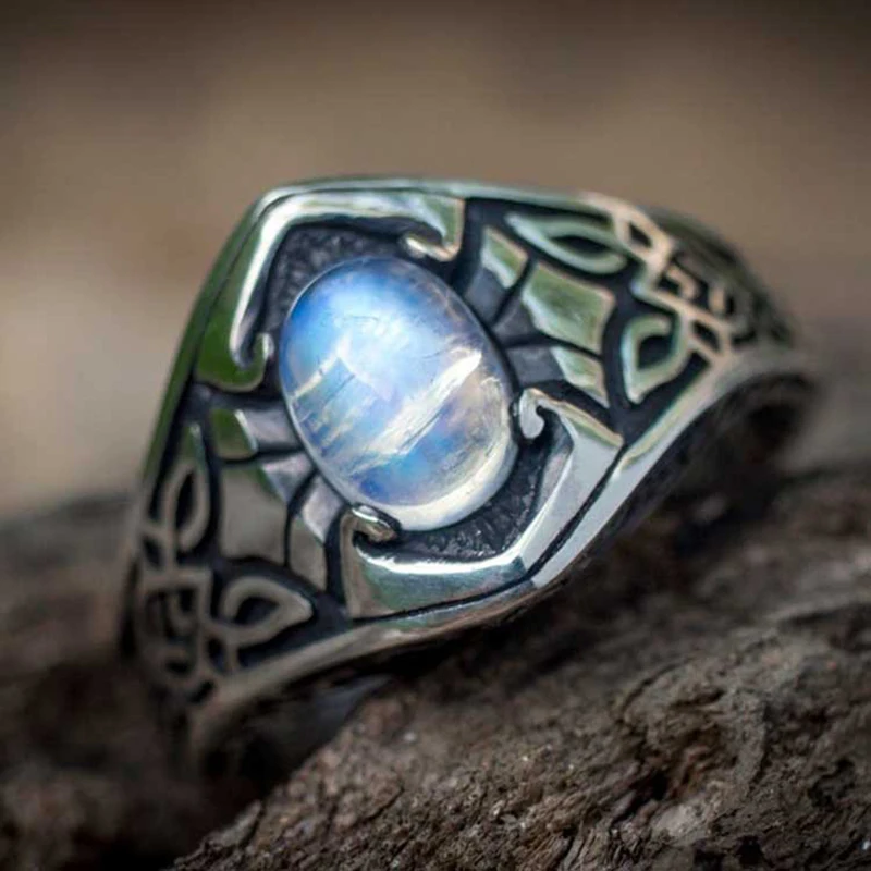 New Vintage Silver Color Carving Pattern Nordic Celtic Rings Imitation Moonstone Ring For Women Retro Fashion Party Jewelry