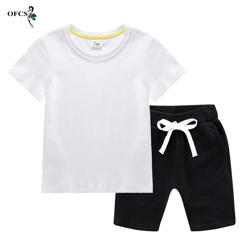 New Selling Children's Suit Summer Cotton Baby Solid And Cartoon Short Sleeve T-shirt +Shorts Suit Best Friend Beach Holiday Set