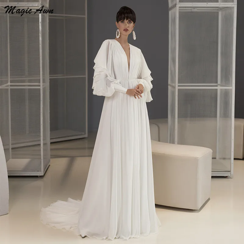 

Magic Awn Simple Chiffon Wedding Dresses 2022 Long Sleeves Illusion Open Back Boho Bridal Gowns For Women Vestidos De Novia