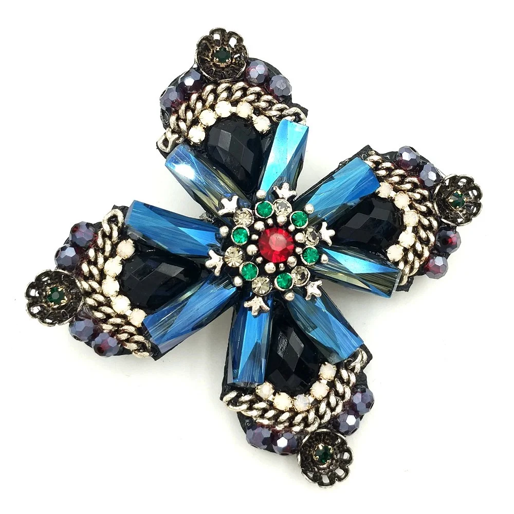 Retro Vintage Dark Blue Crystal Rhinestone Cross Style Flower Brooches Gold Tone Faceted Four Petal Flower Pins for Women Suit