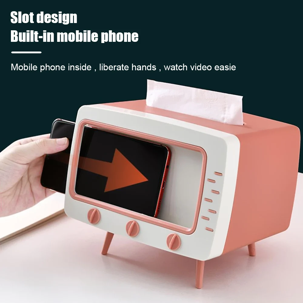 New TV Tissue Box Organizer with Mobile Phone Holder Desktop Paper Holder Dispenser Creative Tissue Canister Storage Napkin Case