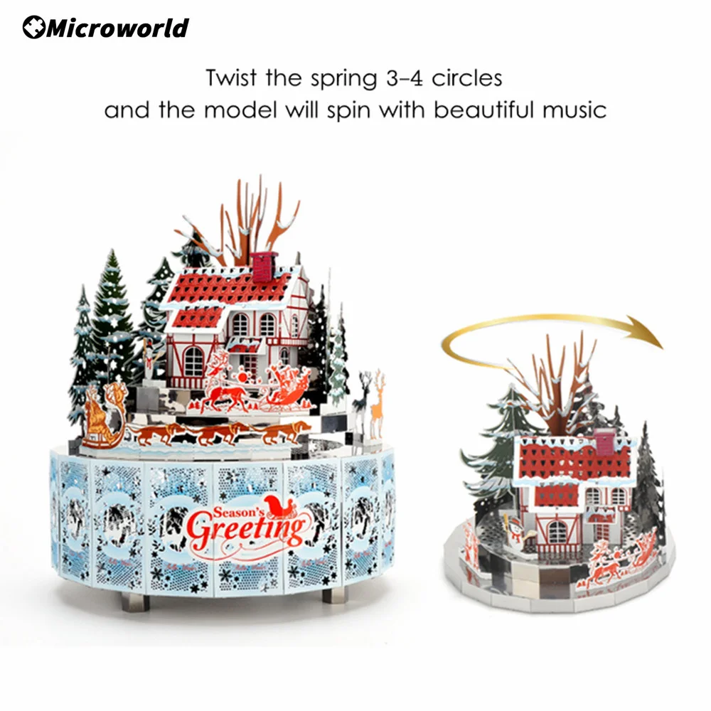 Microworld 3D Puzzle in metallo Tema invernale Carillon rotante Kit modello Puzzle fai da te Giocattoli Decorazione natalizia Regali per ragazze adulte