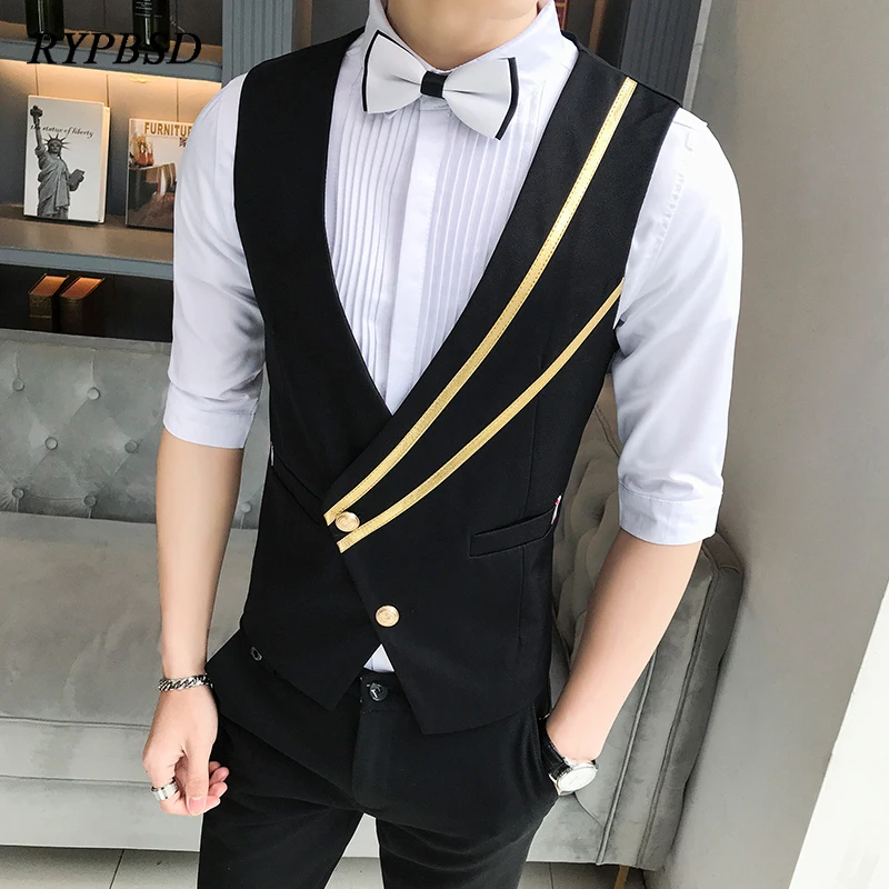 Business Casual Suit Vest for Men Formal Single Breasted Bar Waiter Work Uniform Nightclub Slim Fit Wedding Black Dress Vest Man