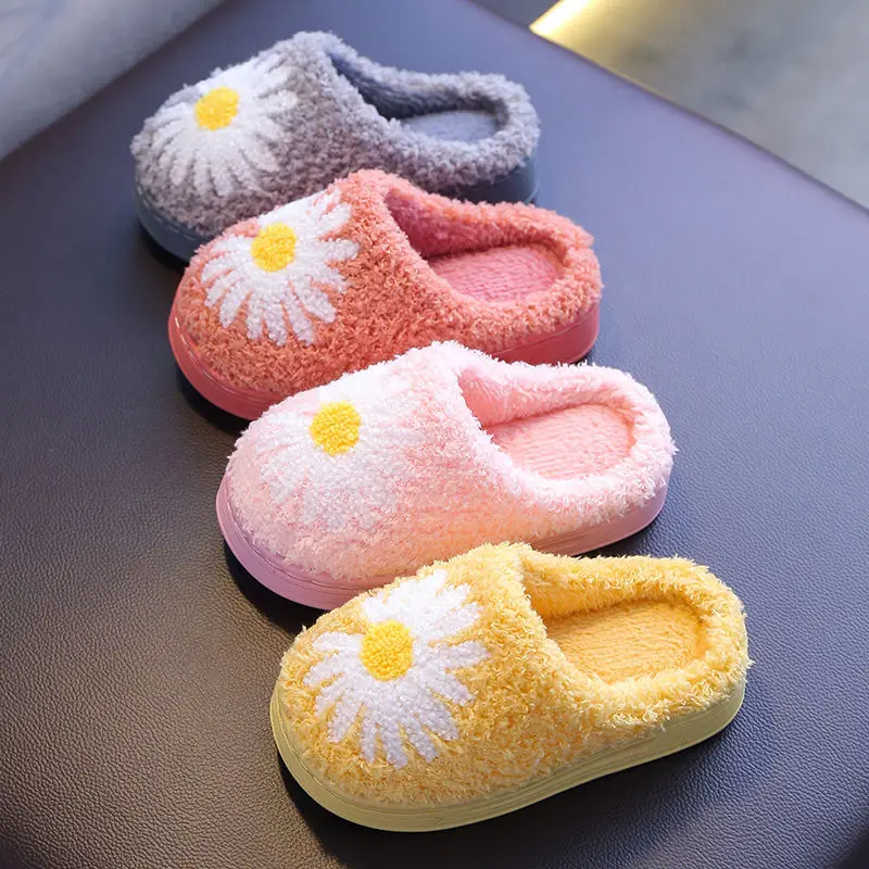 Daisy Children Furry Slippers Autumn Winter Warm Home Indoor Cotton Fluffy Slippers Comfort Non-Slip Boys Girls Toddler Shoes