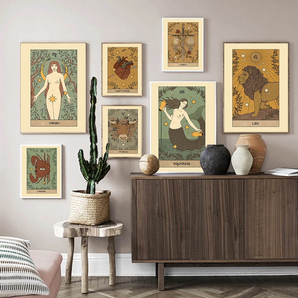Constellations Astrology Myth Canvas Prints Painting Retro Zodiac Sign Horoscope Wall Art Posters Pictures for Kids Nursery Room