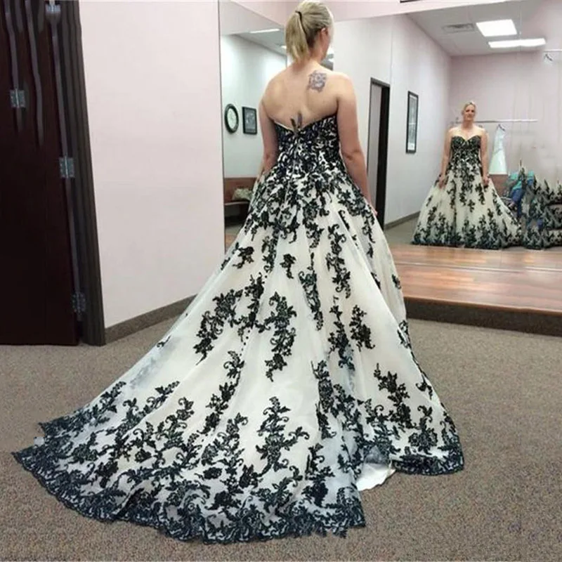 

MYYBLE White And black Lace Appliques Wedding Dresses Sweetheart ball gown Wedding Gowns Bride Dresses Cheap