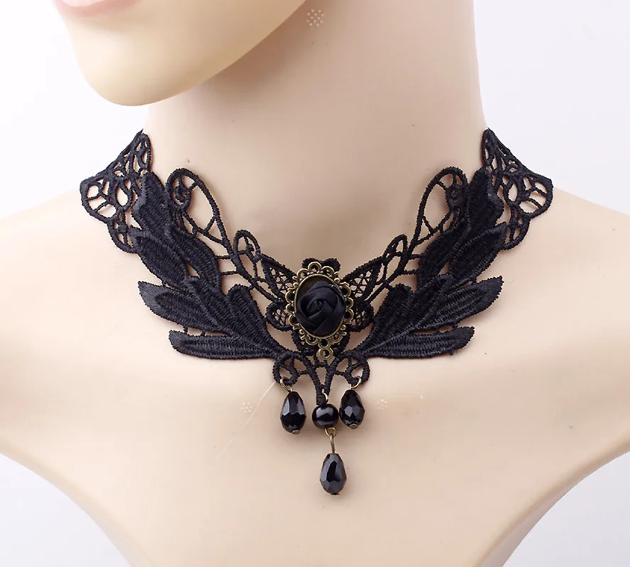 New Collares Sexy Gothic Chokers Crystal Black Lace Neck Choker Necklace Vintage Victorian Women Chocker Steampunk Jewelry