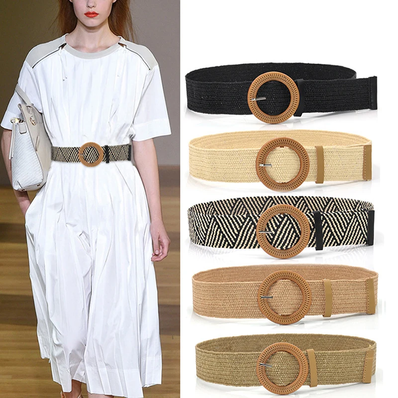 

Women Braided Elastic Belt Round Square Wooden Buckle Vintage Bohe Straw Buckle Belt Women Knitted Belt Dress Belt