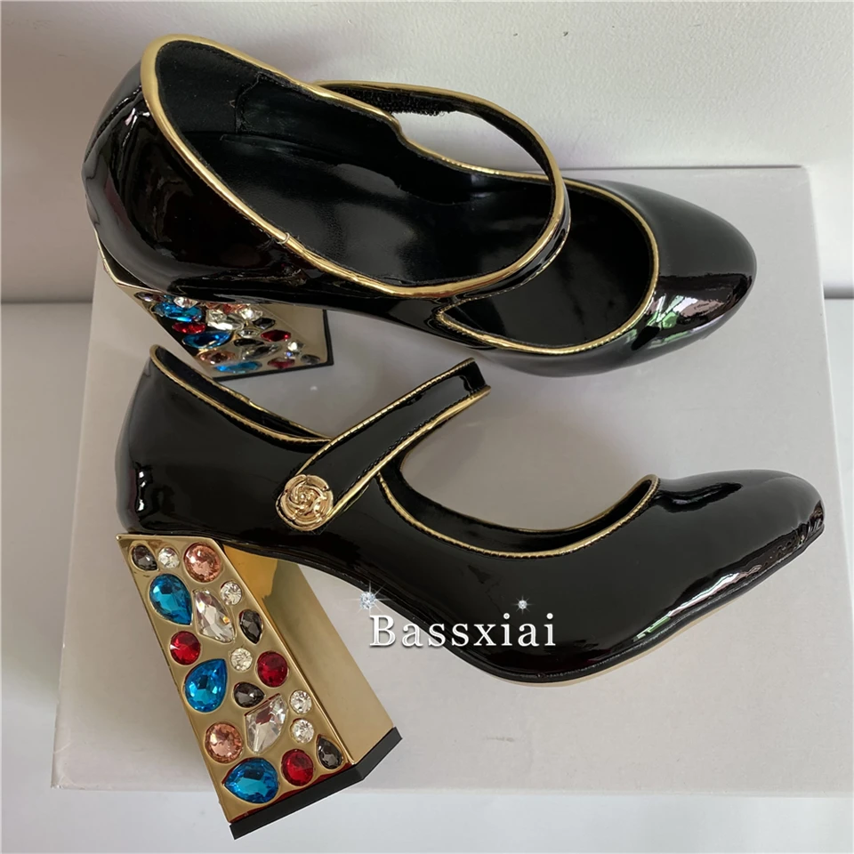 Unique Colorful Rhinestone Chunky Heel Pumps Women Luxury Patent Leather Jeweled Crystal High Heels Slim Party Shoes