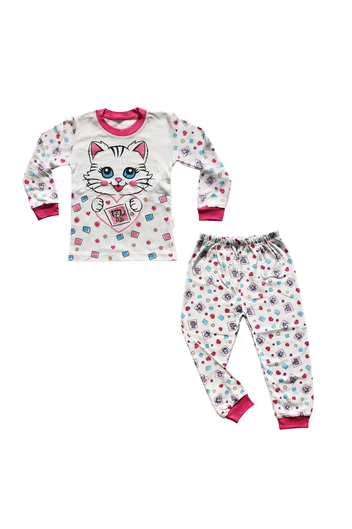 Heart with Cat Pattern Pajamas set-Fuchsia