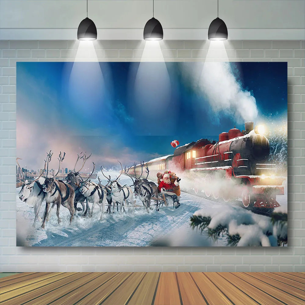 Christmas Reindeer Photography Gift Blue truck Backdrop Fantasy Ice Snow Scence Dark blue sky Photo Decor Decorations Photobooth