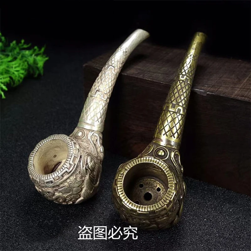 Exquisite Chinese Vintage Handmade Brass White Copper Carved Buddha/Eight Immortals Tobacco Pipe Men\'s Pipe