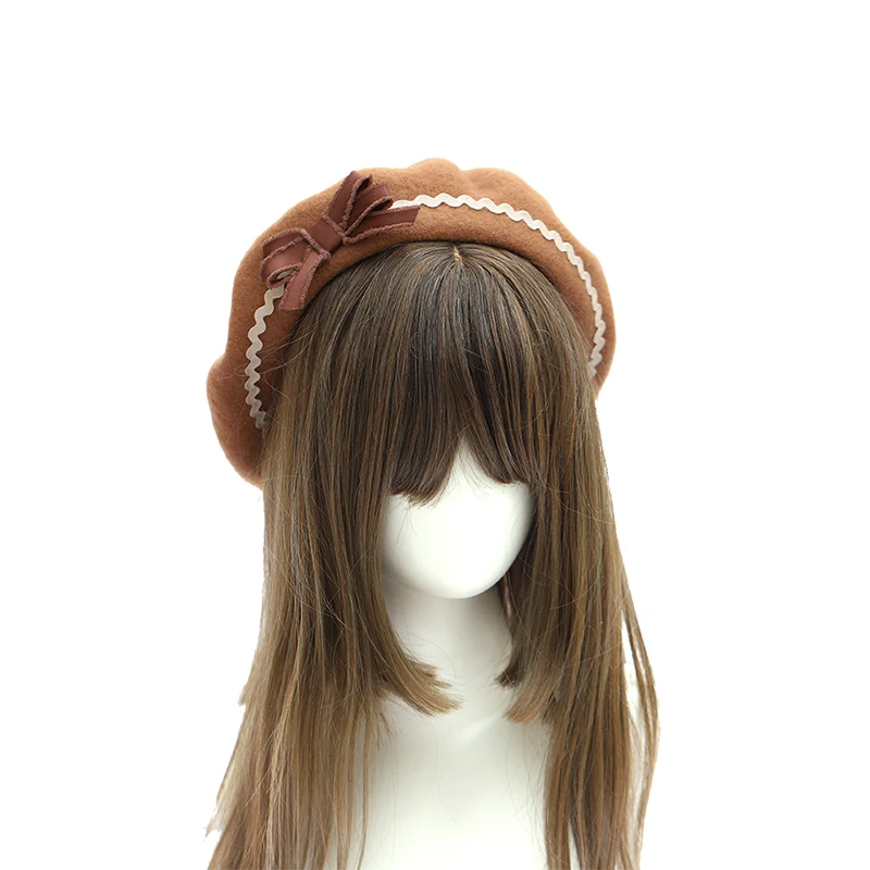 Lolita hand made manually bowknot beret Japanese lady multicolor joker wavy grain buds cap baked wheat cake cap