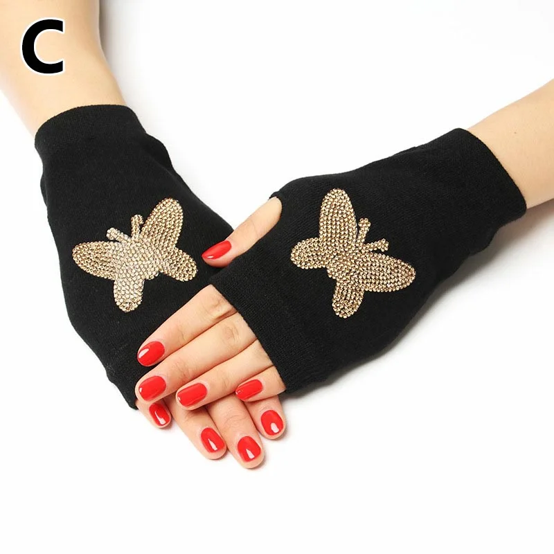 Frauen Halb Finger Hand Wärmer Fingerlose Handschuhe Funkelnden Gestrickte Handschuhe Winter Schwarz Strass