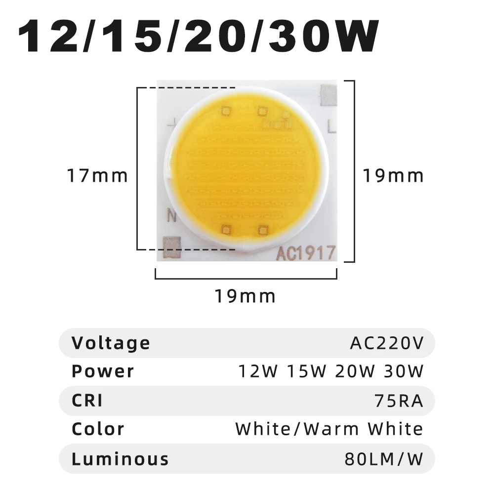 Chips LED cuadrados para luz de inundación, fuente de luz de superficie, AC220V, COB, 3W, 5W, 7W, 9W, 12W, 15W, 20W, 30W, AC1917, AC1414, 10