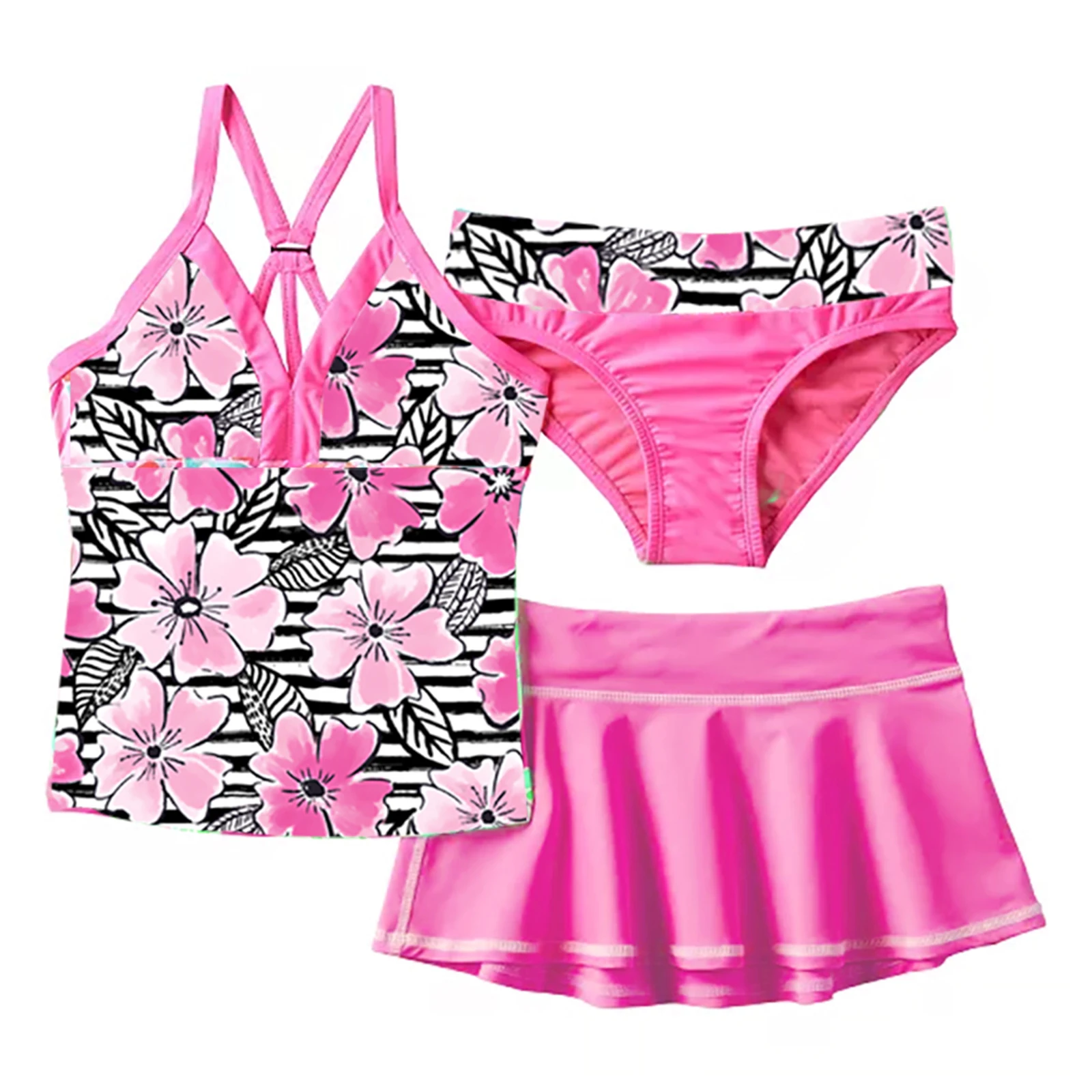 TiaoBug Summer 3Pcs Kid Girls Floral Print Swimsuit V Neck Straps Sleeveless Top With Skirt And Briefs Set Beach Pool Swimwear