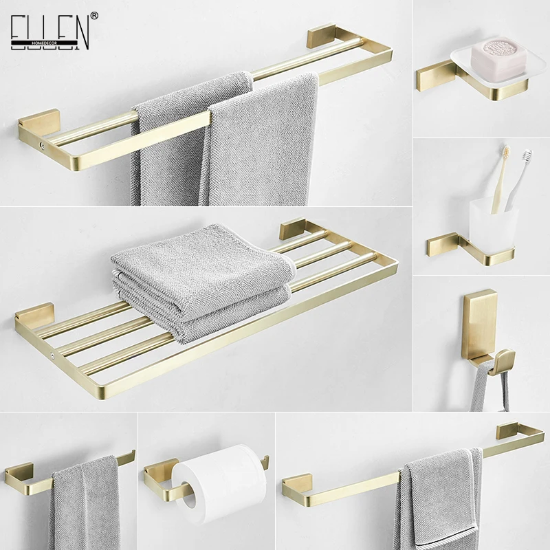 

ELLEN Bathroom Hardware Set Gold Brushed Towel Shelves Toilet Paper Holder Robe Hook Towel Ring Toilet Brush Holder ML19300G