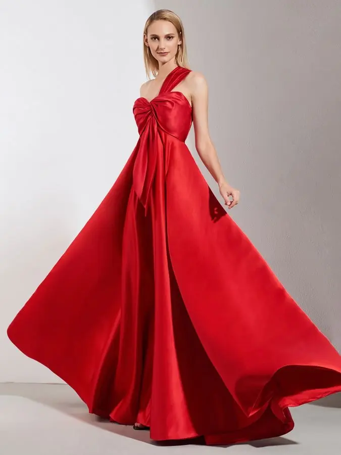 2025 elegante A-Line plisado un hombro satén vestido de noche rojo con lazo hasta el suelo vestidos formales de graduación vestidos de fiesta