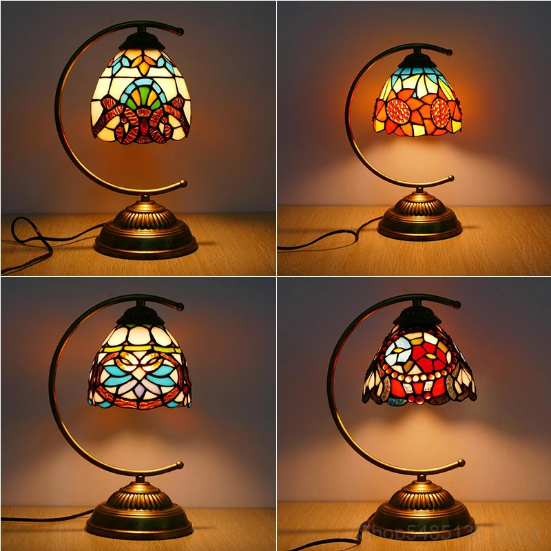 

Mediterranean Tiffany Table Lamp Bedroom Bedside Study Stained Glass Table Light Living Room Kitchen Home Decor Light Fixtures