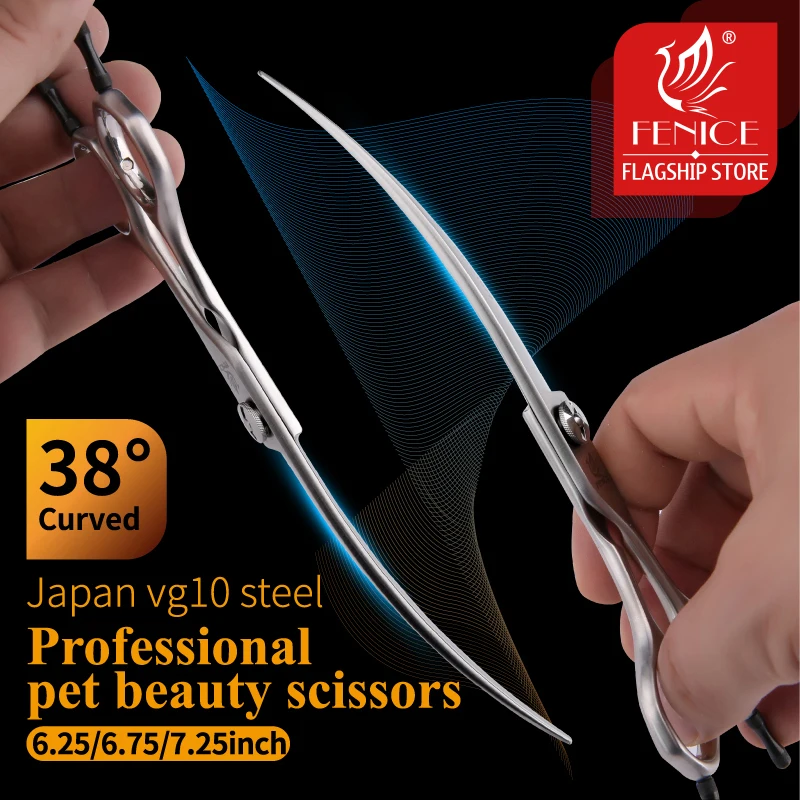 Fenice JP VG10 Steel 6.25 6.75 7.25 inch 38°Curved Blade Pet Dog Grooming Scissors Shears Pet Curved Scissors Dogs Products