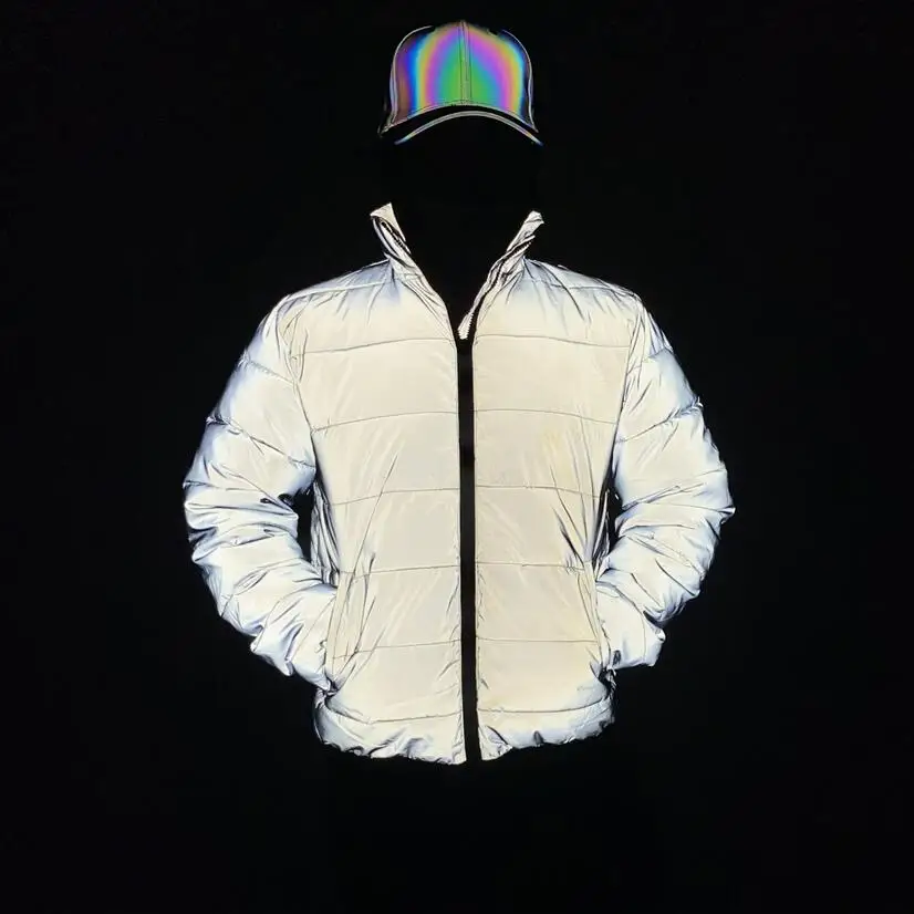 New 2026 Reflective Jacket Men Winter Warm Cotton-Padded Coat Harajuku Street Hip Hop Jackets Night Reflect Light Parka