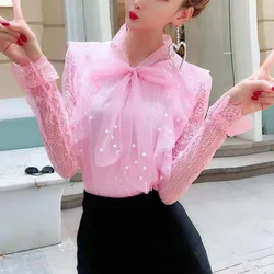 Spring Autumn Women Long Sleeve Blouse Tie Bow Hollow Out Lace Shirt Female Sweet Beading Mesh Blouses Short Bottom Tops AB1745