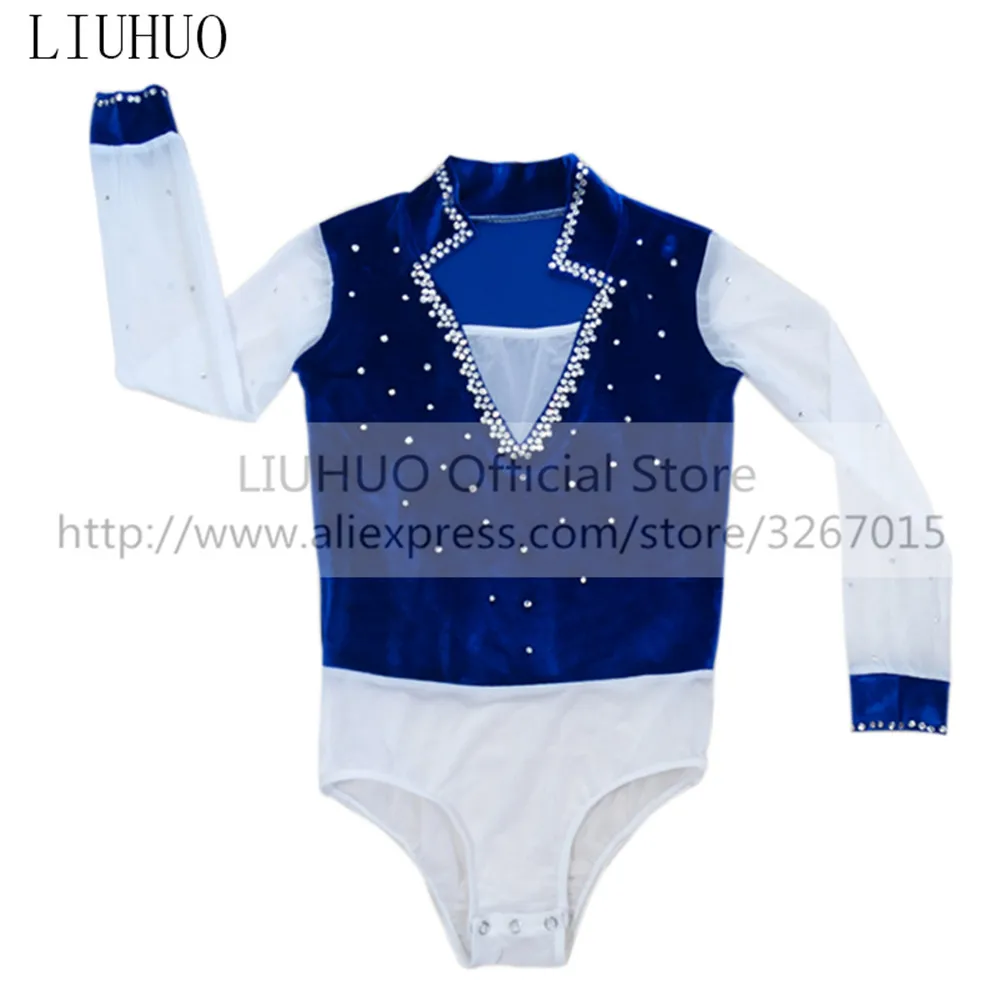 LIUHUO-Top de patinaje artístico para hombre y niño, traje de actuación de hielo, leotardo de baile de manga larga, azul y blanco