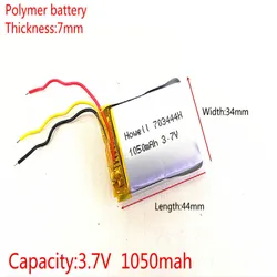 3 line 3.7V 1050mAh Rechargeable li Polymer Li-ion Battery For headphones tachograph MODEL SP5 mp3 mp4 GPS  703444 073444