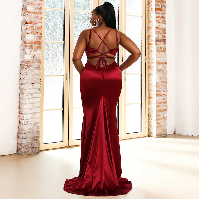 Vrouwen Plus Size Formele Avondjurk V-hals Spaghetti Band Sexy Backless Mouwloze Prom Dress Mermaid Party Dress 2021 Nieuwe