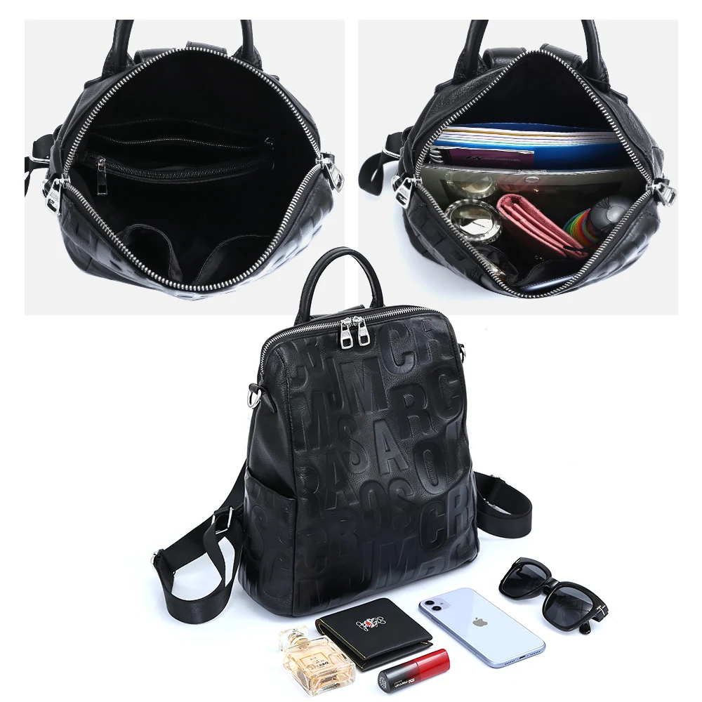 Zency Women\'s Genuine Leather Backpack Spring Summer Unique Letter Fashion Shoulder School Travel Knapsack Rucksack Girls