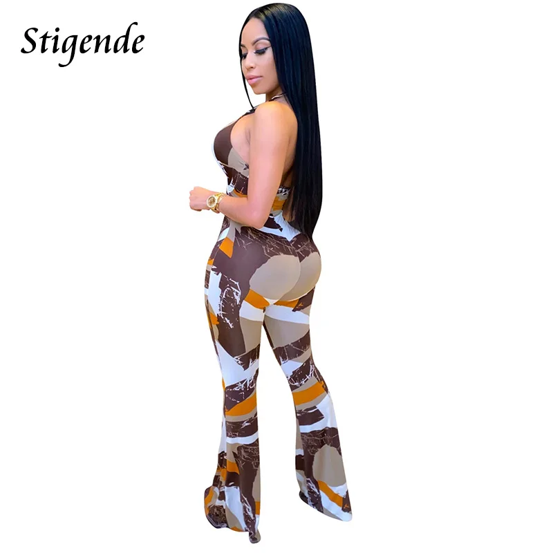 Stigende Women Summer Tie Up Halter Jumpsuit Sexy Backless Bandage Flare Jumpsuit Sleeveless Open Front Spaghetti Strap Jumpsuit