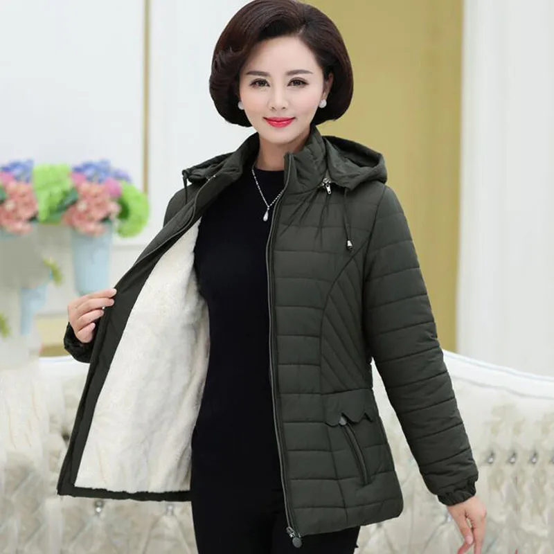 Middle-aged Women\'s Parkas Basic Jackets Autumn Winter Add Velvet Lamb Hooded Coats Cotton Winter Jacket Womens Mama Overcoat