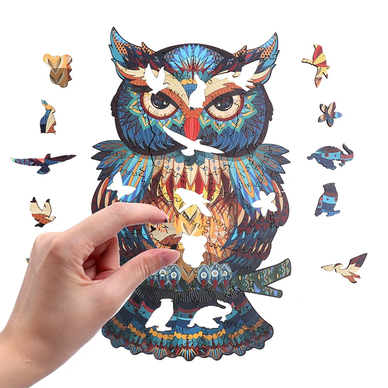 DIY Wooden Jigsaw Puzzle Toy Animal Shaped Puzzle Pieces Colorful Owl Wood Jigsaw Relieve Stress Playset 2 Models are Available