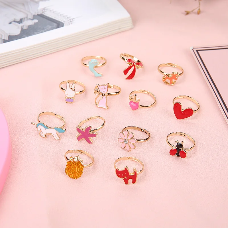 12/24/36 Pcs Fashion Kids Rings Jewelry Child Adjustable Cartoon Rings For Girls Flower Heart Alloy Finger Ring Toy Party Gift