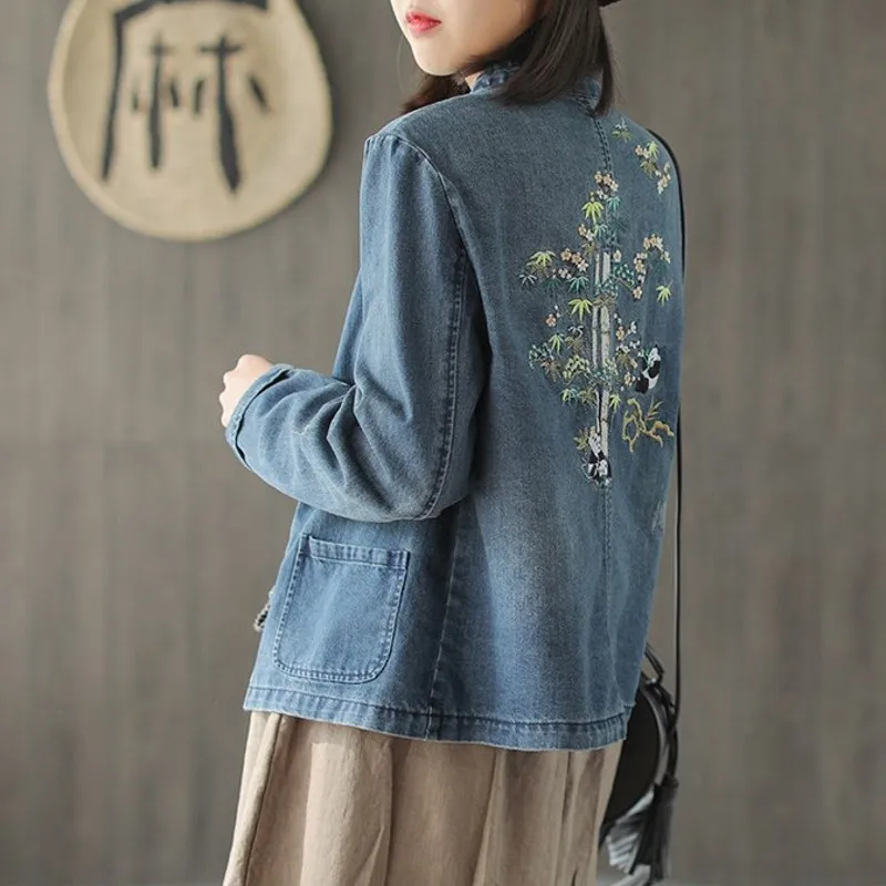 Blusas Mujer De Moda Lange Mouw Enkele Breasted Denim Shirt Chinese Stijl Vintage Floraal Emboridery Losse Casual Blouse