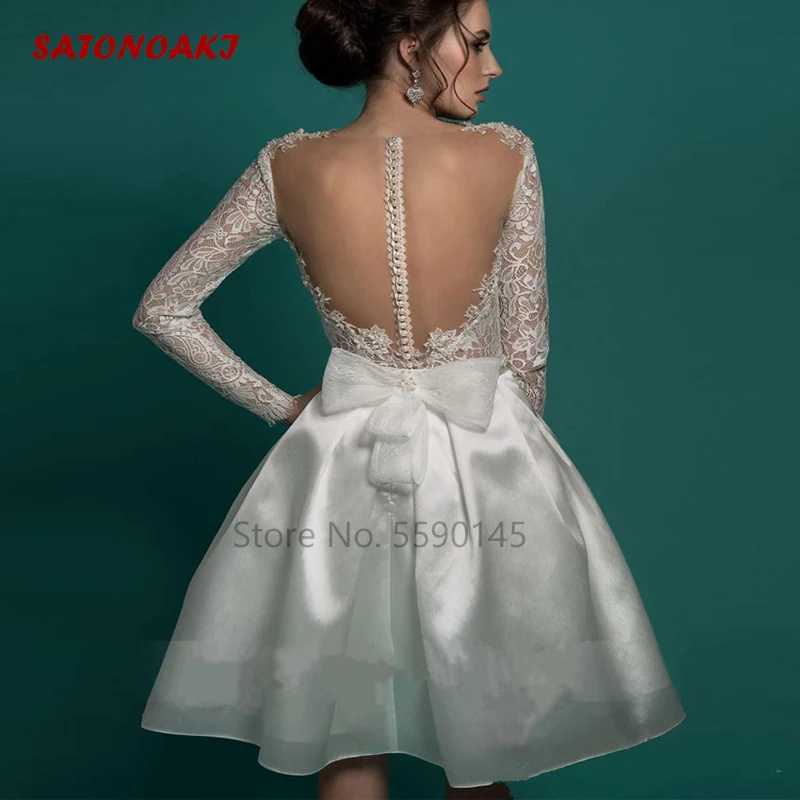 Vestido De novia Vintage De encaje, traje corto hasta la rodilla con cuello en V y mangas largas De perlas, personalizado, novedad De 2024