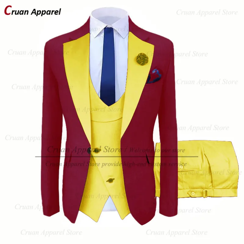 

20 Colors Burgundy Mens Suits Slim Best Man Groom Wedding Tuxedo Tailor-made Fashion Business Blazer Yellow Waistcoat Pants 3Pcs