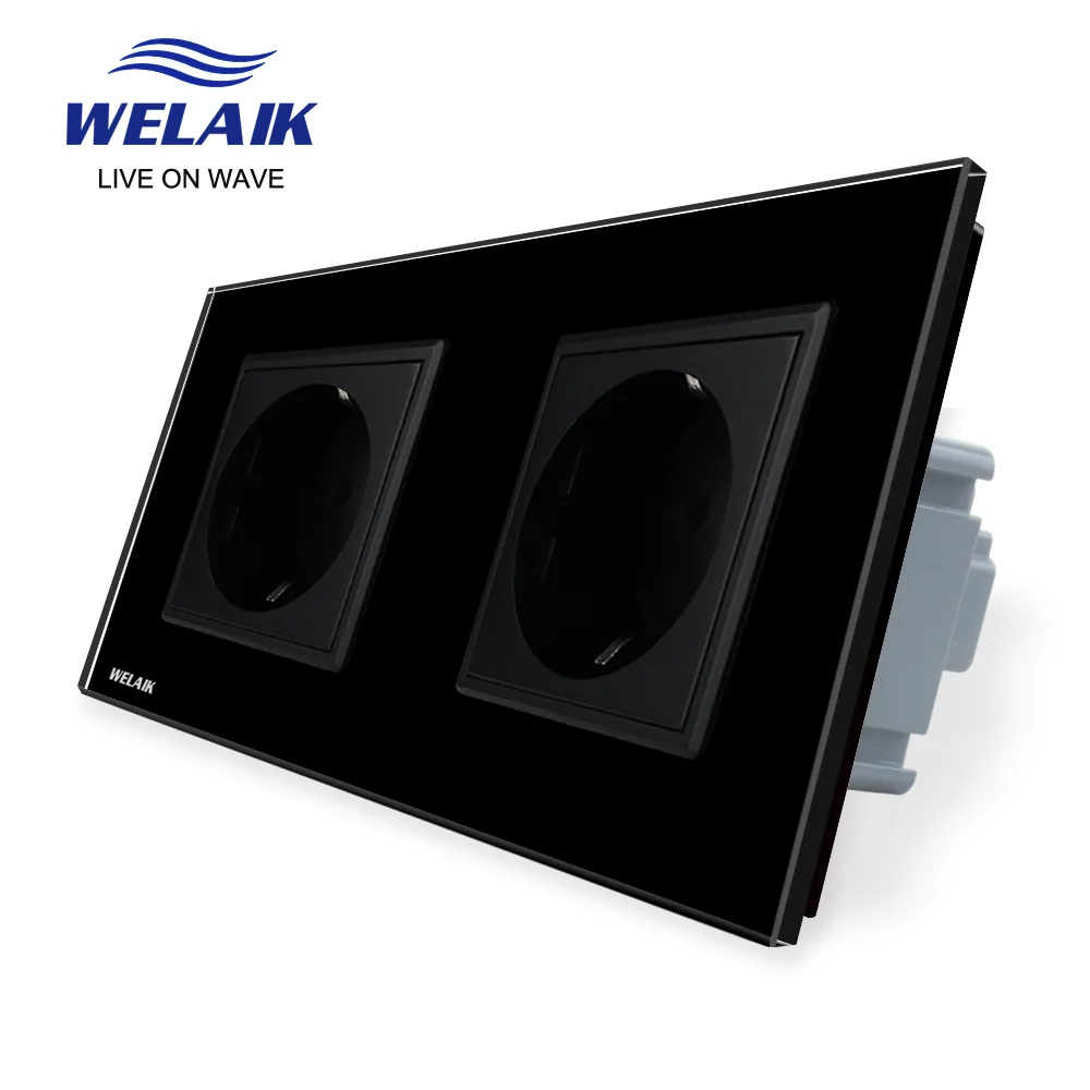 WELAIK EU 16A European 2Frame 151*80mm  220V  Russia Germany  Tempered Glass Panel Safety Wall Power Socket  A28E8EW