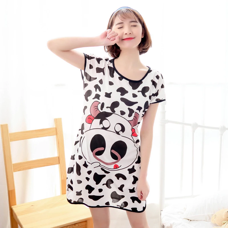 Women Printed Cartoon Sexy Sleepwear Round Neck Lingerie Cute Nightdress One Piece Thin Summer Female Pajamas Nighty Home Wear