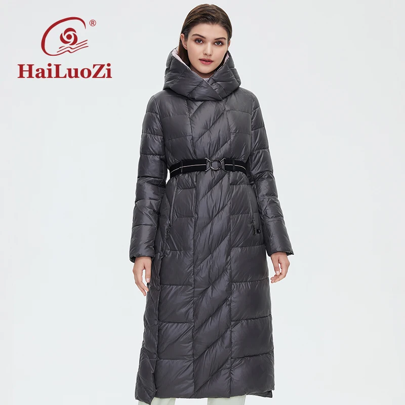 HaiLuoZi Damen-Winterjacke, modisch, lang, knielang, dick, Damenmantel mit Kapuze, schlankes Spleißen, diagonaler Gürtel, Baumwollparkas 6037