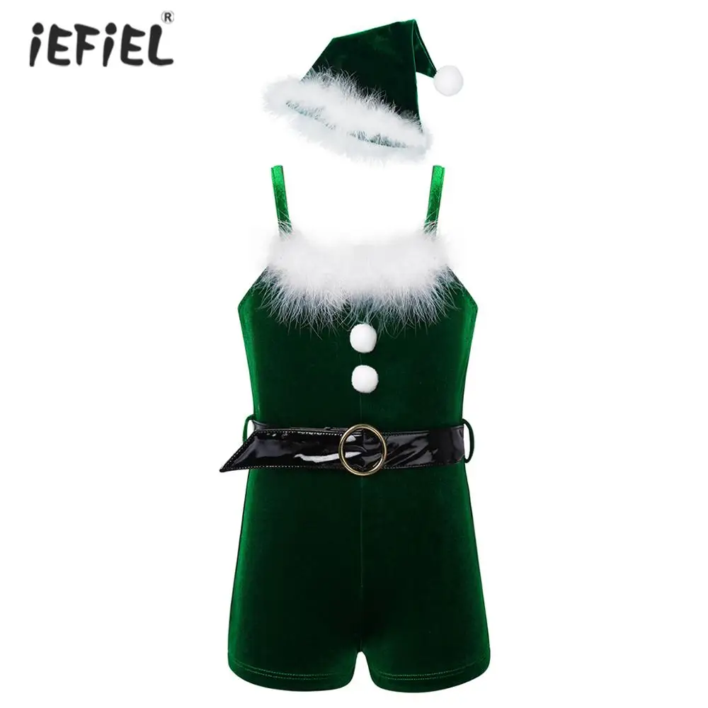 

Christmas Clothes Kids Girls Santas Helper Dance Costume Velvet Leotard Jumpsuit Dance Biketard With Hat Christmas Party Outfits