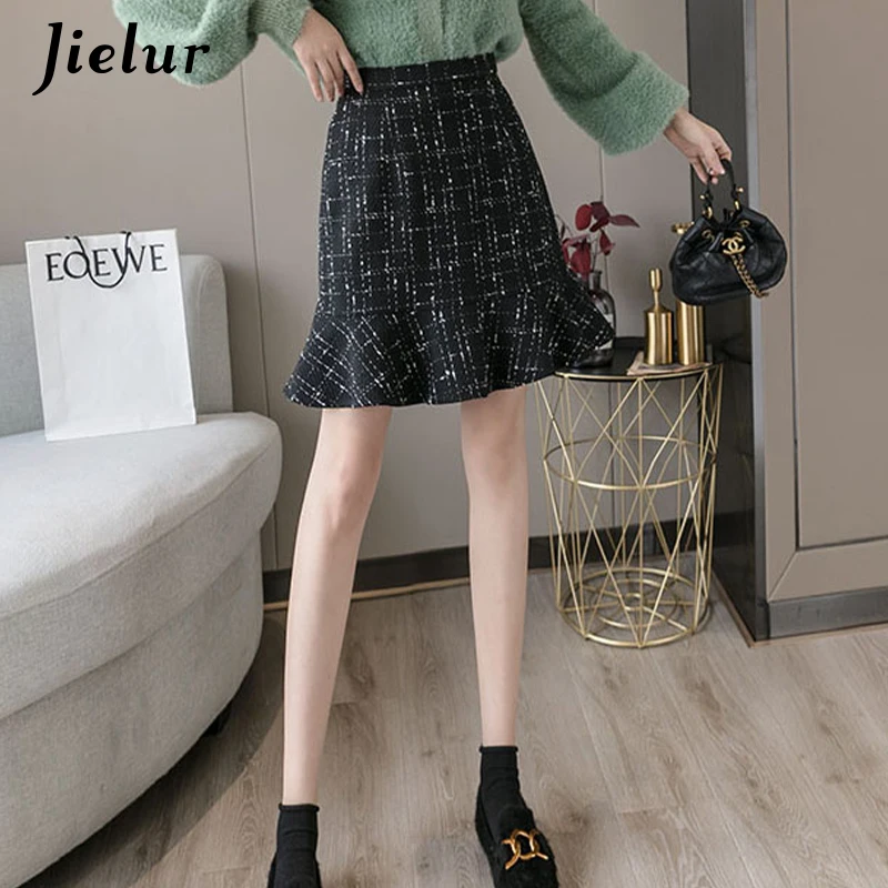 Jielur – jupe trompette pour femmes, Slim, taille haute, à carreaux, Chic, style coréen, noire, automne hiver, S-XL