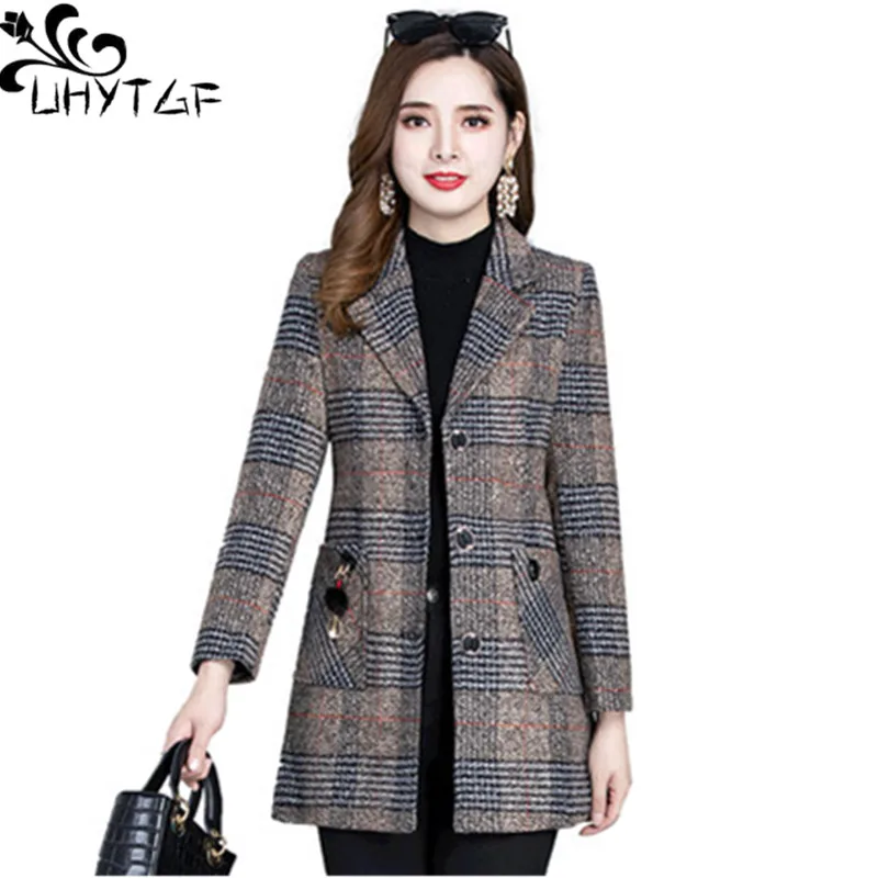 

UHYTGF 5XL Loose Size Jacket Womens Fashion Plaid Autumn Winter Woolen Coat Women Casual Female Coats Abrigos Mujer Invierno 334