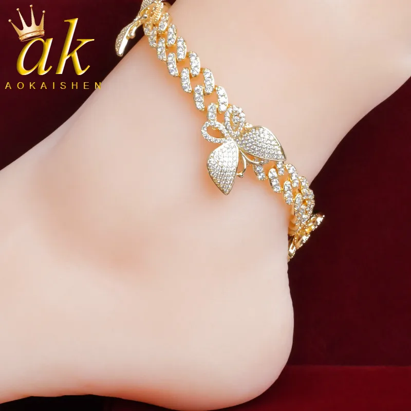 

Aokaishen Butterfly Miami Cuban Link Chain Anklets for Women Gold Color Charms Hip Hop Fashion Jewelry Christmas Gift