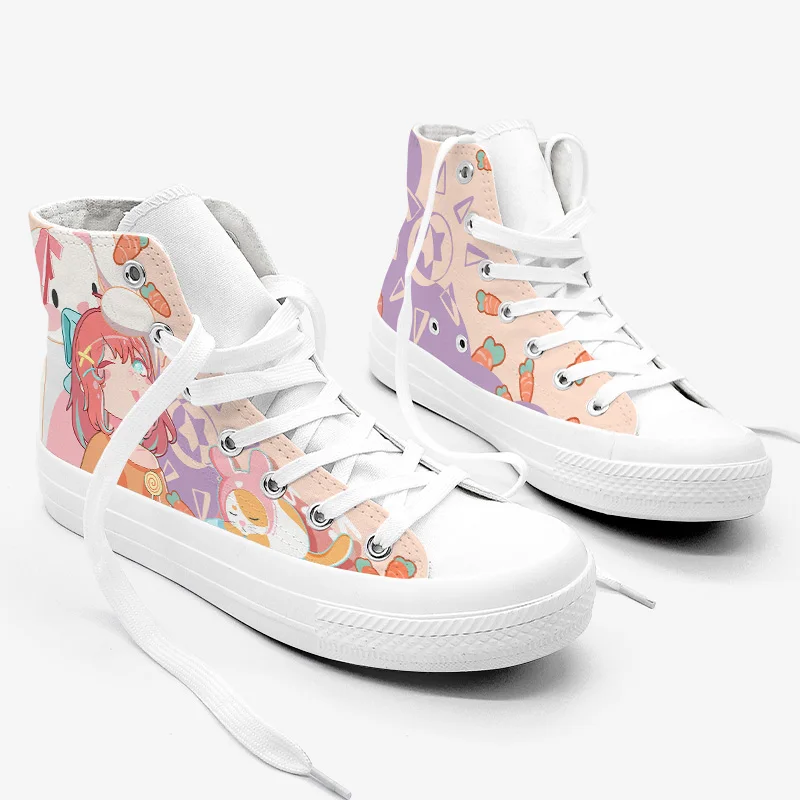 Amy and Michael Cartoon Animation Cute Female Students High Top Canvas Sneakers Women\'s Classic Flats Lace Up Hand Painted Shoes