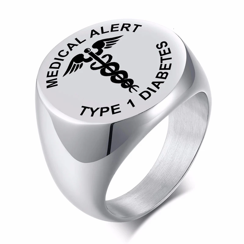 MEDICAL ALERT SIGNET RING FOR MEN TYPE 1 DIABETES MEDICAL ID EMERGENCY DIABETIC 2 RING STAINLESS STEEL JEWELRY